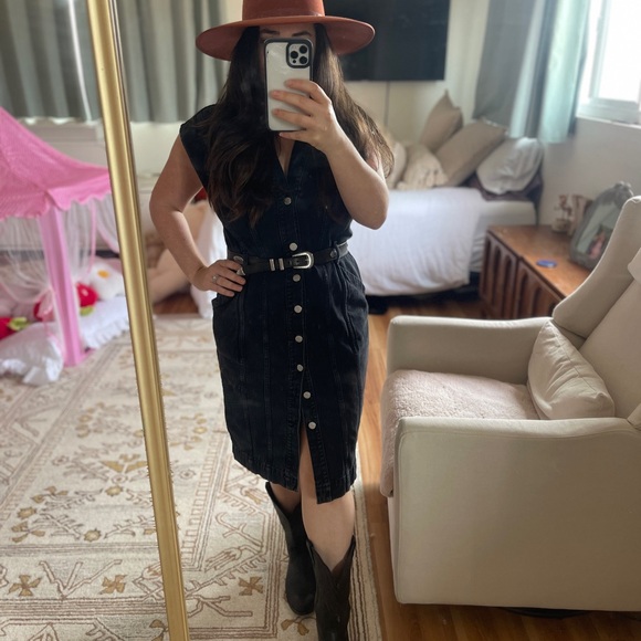Etica Dresses & Skirts - ETICA Issa Seamed Button-Front Denim Dress black denim v-neck midi